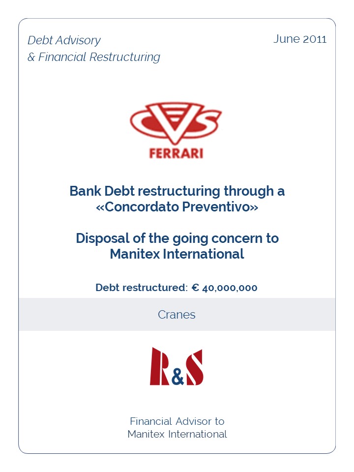 Bank Debt restructuring through a  «Concordato Preventivo» – Disposal of the going concern to Manitex International