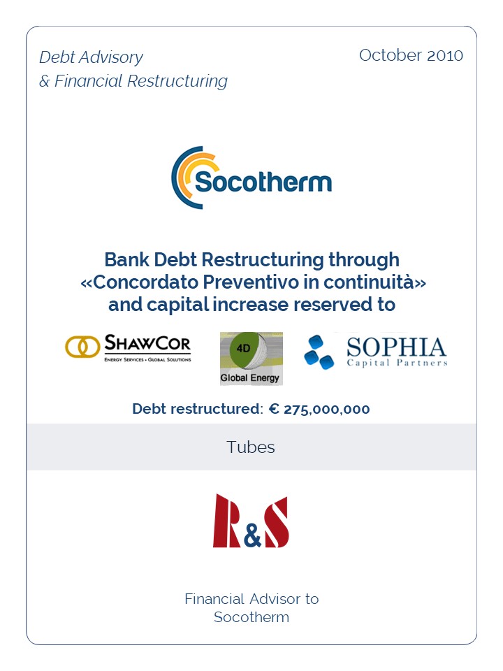 Bank Debt Restructuring through  «Concordato Preventivo in continuità»  and capital increase reserved to Shawcor, 4D Global Energy & Sophia Capital Partners