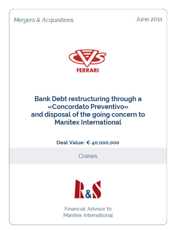 Bank Debt restructuring through a «Concordato Preventivo» and disposal of the going concern to Manitex International