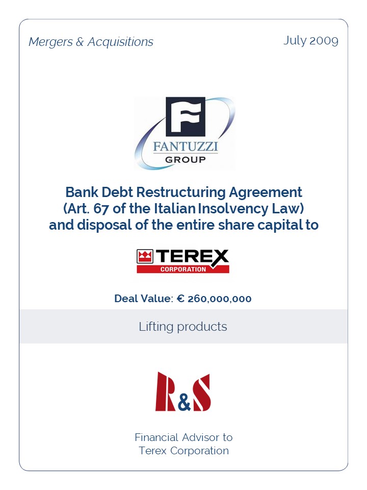 Bank Debt Restructuring Agreement (Art. 67 of the Italian Insolvency Law) and disposal of the entire share capital to Terex Corporation