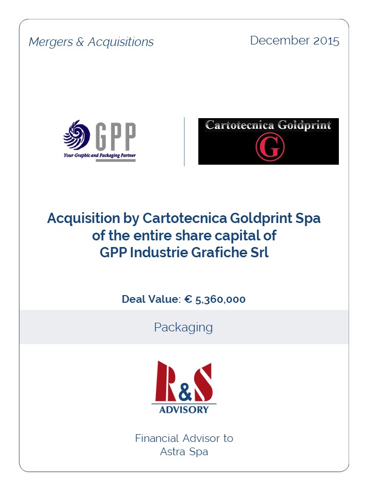 Acquisition by Cartotecnica Goldprint Spa  of the entire share capital of  GPP Industrie Grafiche Srl