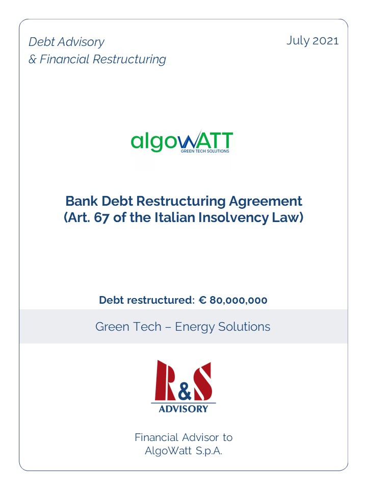 R&S Advisory advisor to algoWatt in the negotiation with banks, debt investors and bondholders of the terms and conditions of a debt restructuring agreement