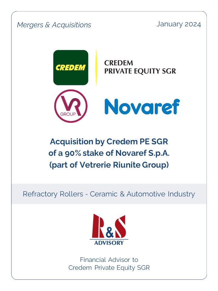 Acquisition by Credem Private Equity SGR of a 90% stake of Novaref S.p.A. (part of Vetrerie Riunite Group)
